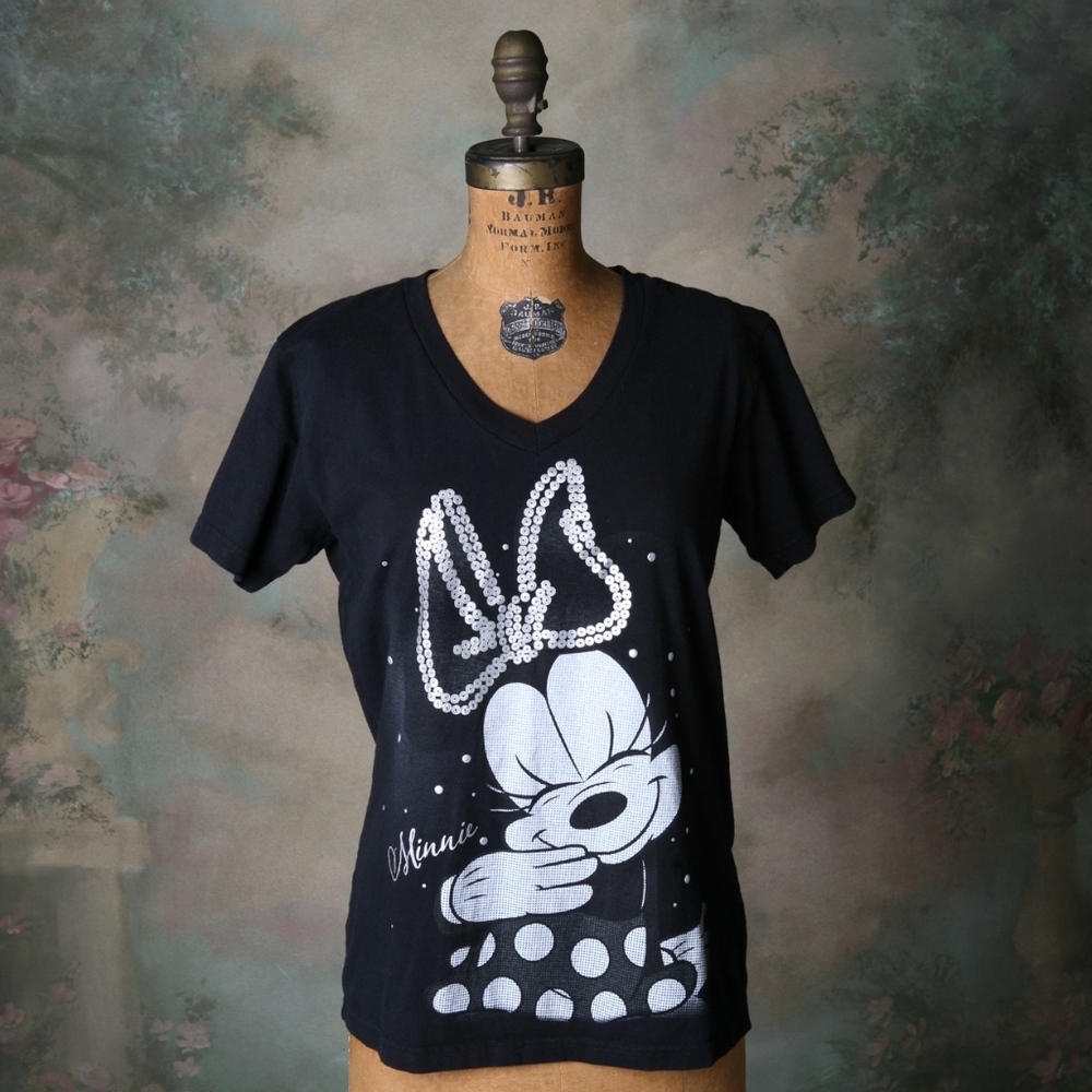 Disney Store Minnie Mouse V-neck T Black Sz Lg - Picture 1 of 7